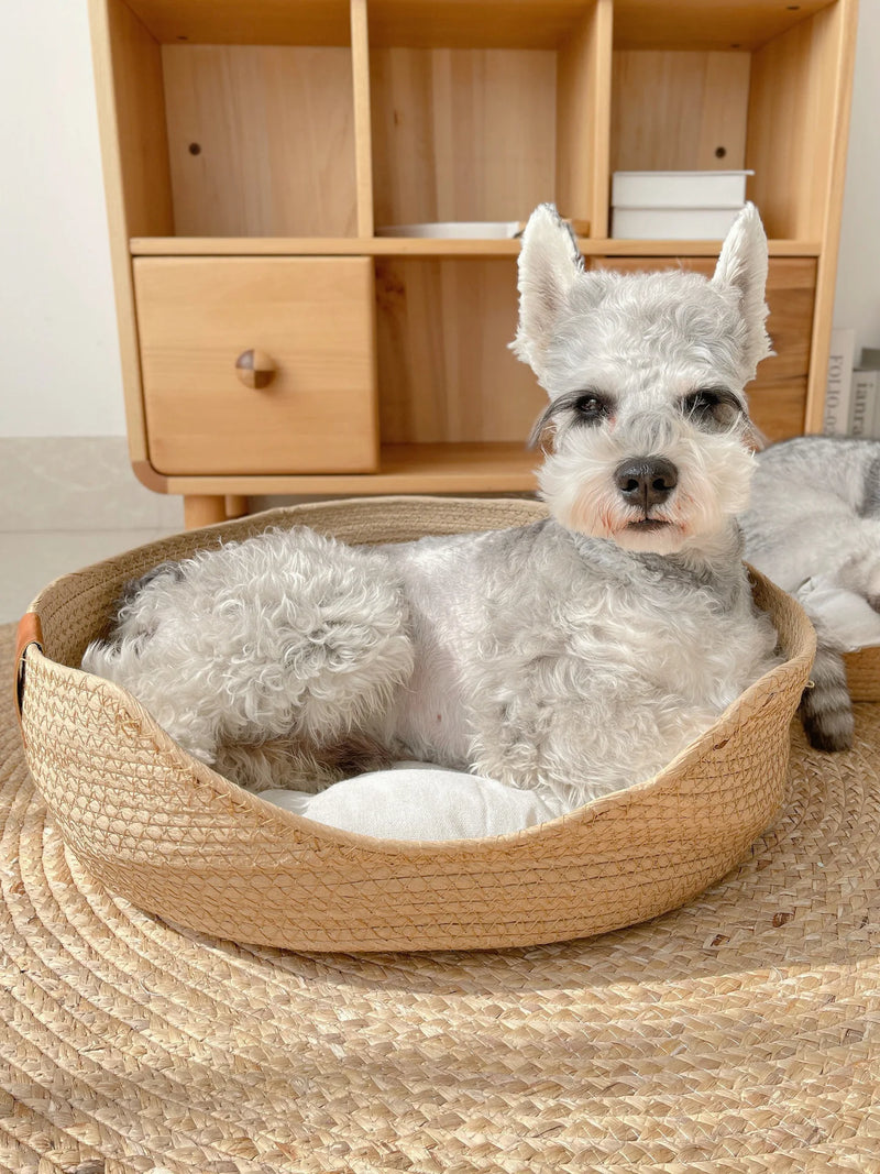 Yokee Pet Cat Mat Dog Bed Sofa Handmade Bamboo Weaving Four Season Cozy Nest Baskets Waterproof Removable Cushion Sleeping House