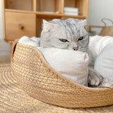 Yokee Pet Cat Mat Dog Bed Sofa Handmade Bamboo Weaving Four Season Cozy Nest Baskets Waterproof Removable Cushion Sleeping House
