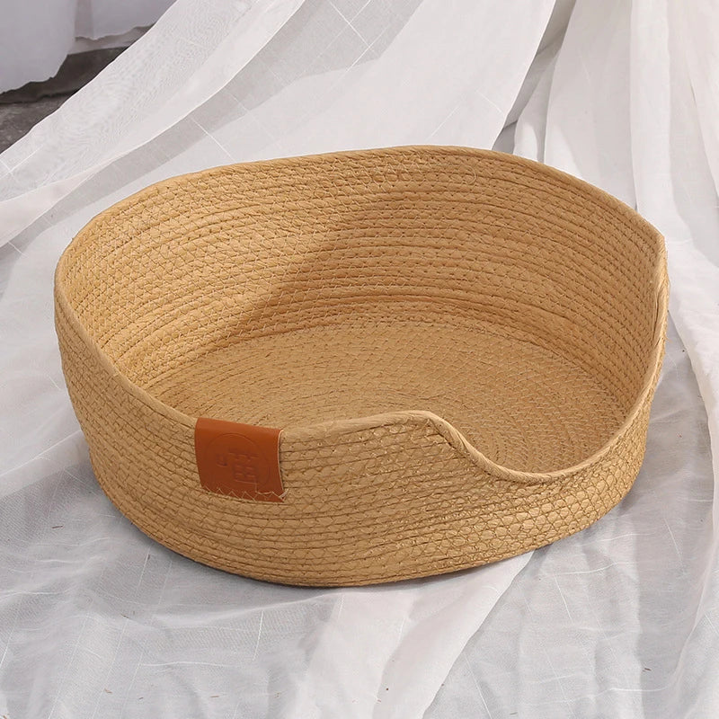 Yokee Pet Cat Mat Dog Bed Sofa Handmade Bamboo Weaving Four Season Cozy Nest Baskets Waterproof Removable Cushion Sleeping House