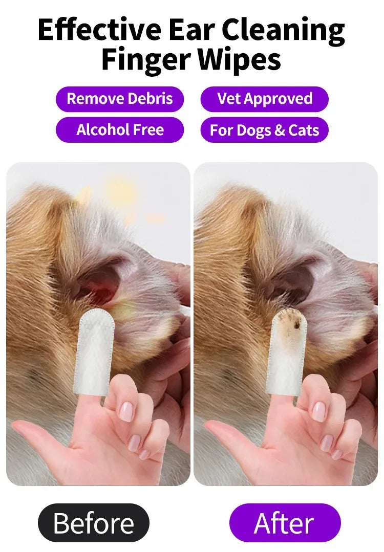 50 PCS Pet Cleaning Products  Ear Cleaning Wipes  Ear Care Fingertips  Ear Mite Removal  Cat and Dog Ear Cleaning Pet Products