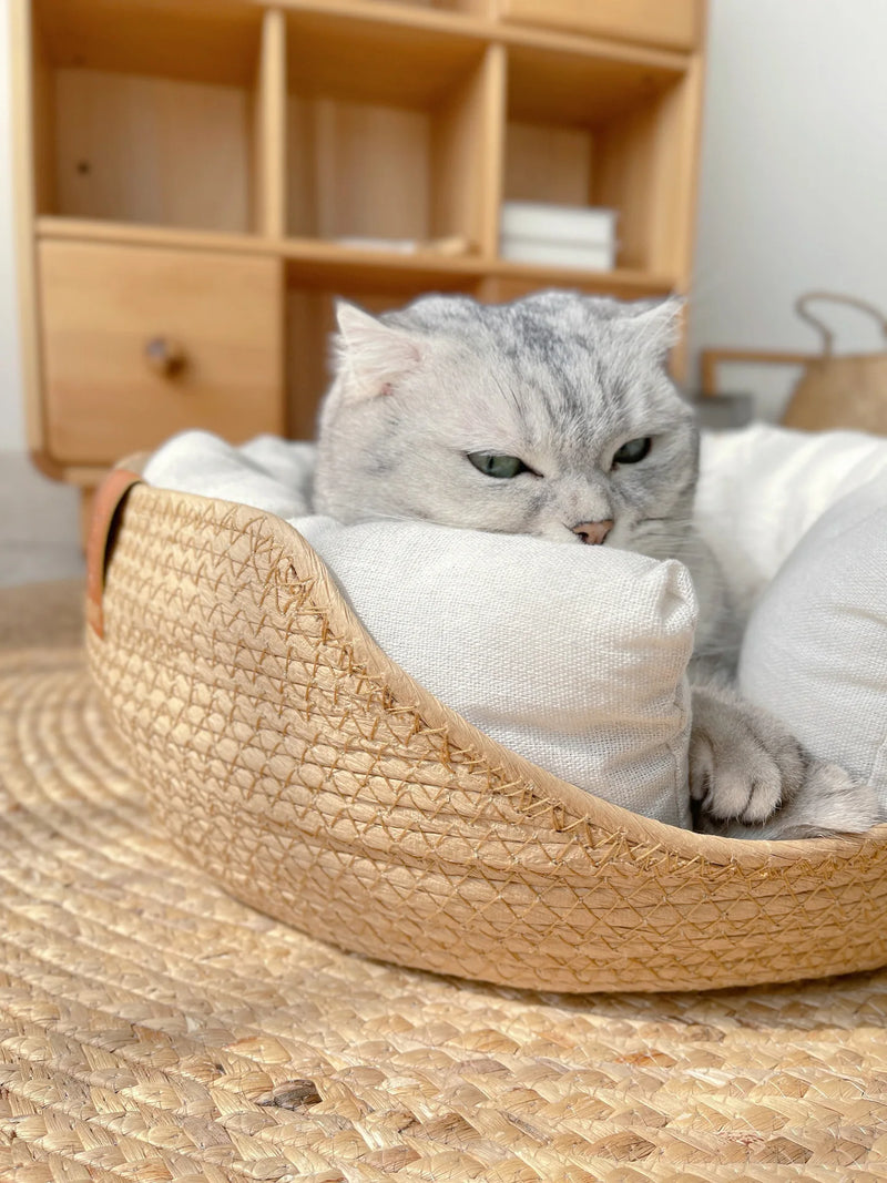 Yokee Pet Cat Mat Dog Bed Sofa Handmade Bamboo Weaving Four Season Cozy Nest Baskets Waterproof Removable Cushion Sleeping House