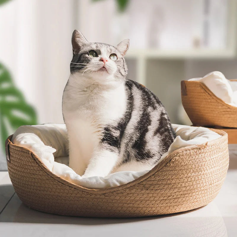 Yokee Pet Cat Mat Dog Bed Sofa Handmade Bamboo Weaving Four Season Cozy Nest Baskets Waterproof Removable Cushion Sleeping House