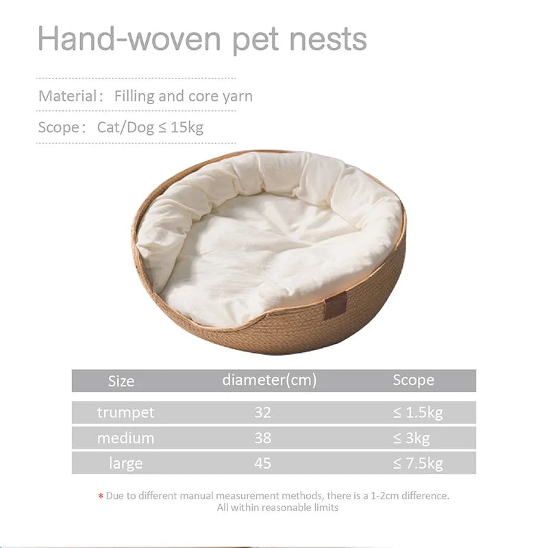 Yokee Pet Cat Mat Dog Bed Sofa Handmade Bamboo Weaving Four Season Cozy Nest Baskets Waterproof Removable Cushion Sleeping House