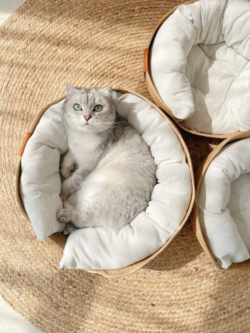 Yokee Pet Cat Mat Dog Bed Sofa Handmade Bamboo Weaving Four Season Cozy Nest Baskets Waterproof Removable Cushion Sleeping House