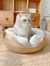 Yokee Pet Cat Mat Dog Bed Sofa Handmade Bamboo Weaving Four Season Cozy Nest Baskets Waterproof Removable Cushion Sleeping House