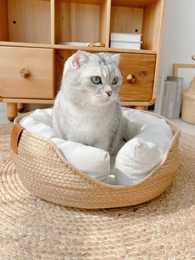 Yokee Pet Cat Mat Dog Bed Sofa Handmade Bamboo Weaving Four Season Cozy Nest Baskets Waterproof Removable Cushion Sleeping House