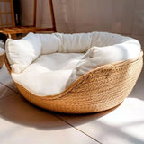 Yokee Pet Cat Mat Dog Bed Sofa Handmade Bamboo Weaving Four Season Cozy Nest Baskets Waterproof Removable Cushion Sleeping House
