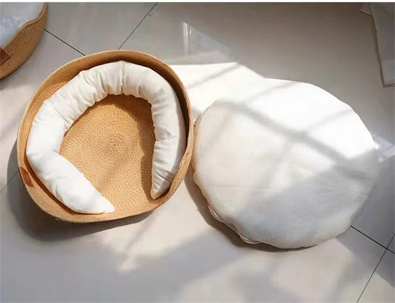 Yokee Pet Cat Mat Dog Bed Sofa Handmade Bamboo Weaving Four Season Cozy Nest Baskets Waterproof Removable Cushion Sleeping House
